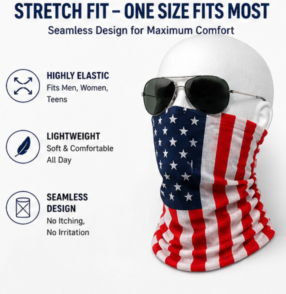 American Flag Neck Gaiter Face Cover – Multifunctional Seamless Bandana Mask, Breathable Polyester Tube Scarf for Men & Women Outdoor Sports